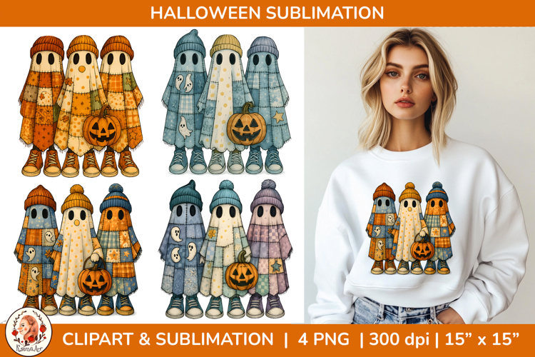 Patchwork Ghost Halloween Sublimation PNG, Spooky