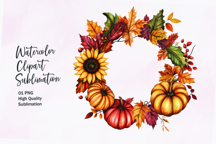 Fall themed wreath watercolor clipart sublimation