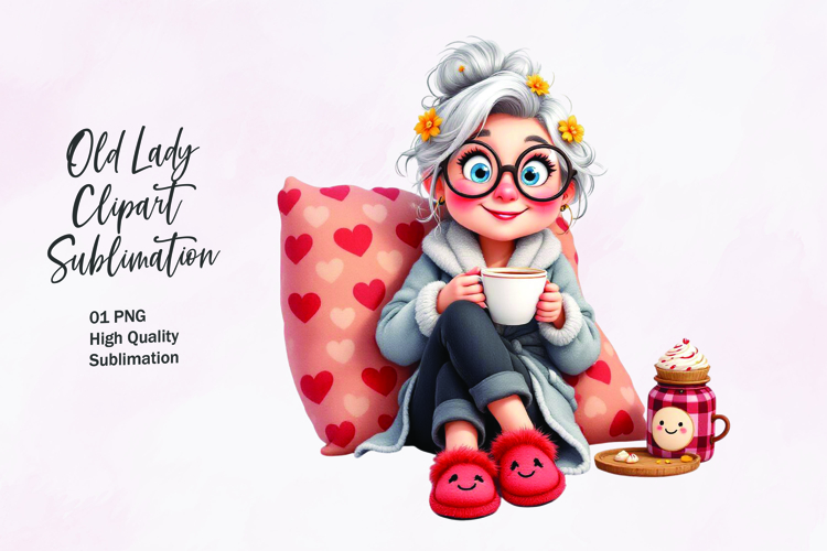 Cozy Grandma with Coffee and Phone Clipart