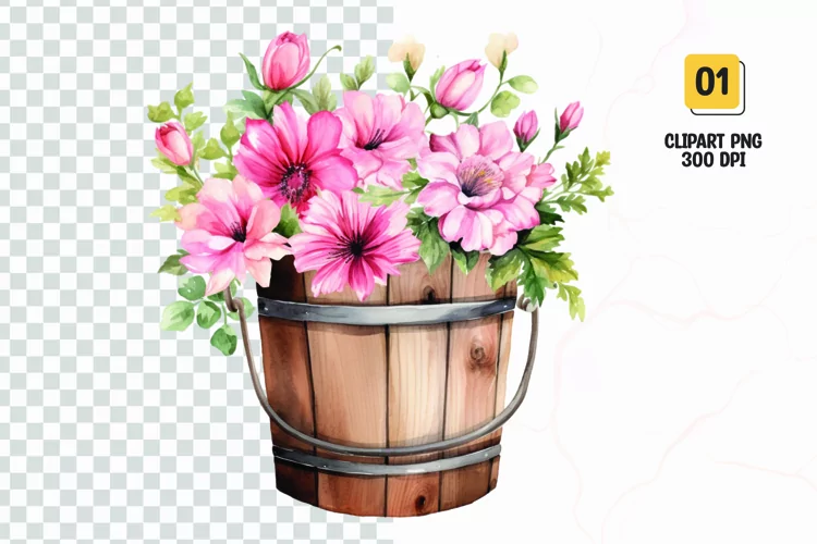 Floral Bucket Watercolor Clipart Sublimation