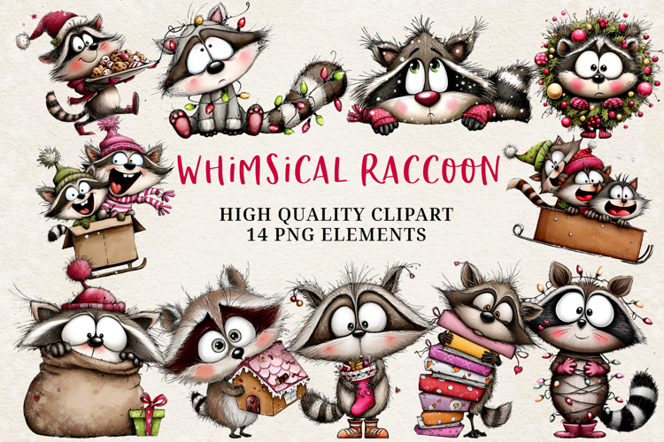 Whimsical Christmas Raccoon BUNDLE, Sublimation PNG.