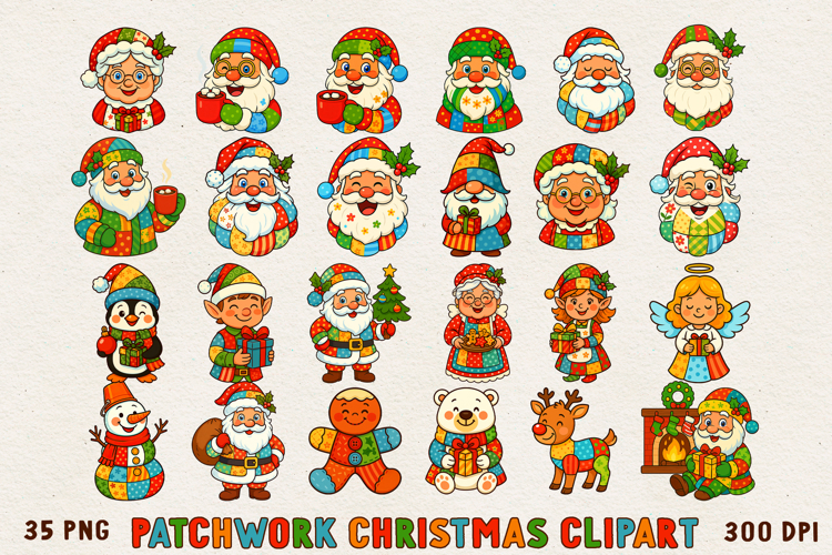 Patchwork Christmas Clipart | Cute Holiday PNG Bundle