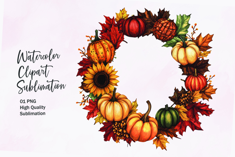 Fall themed wreath watercolor clipart sublimation