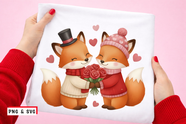 Cute Valentine Fox Couple PNG SVG Romantic Foxes Holding