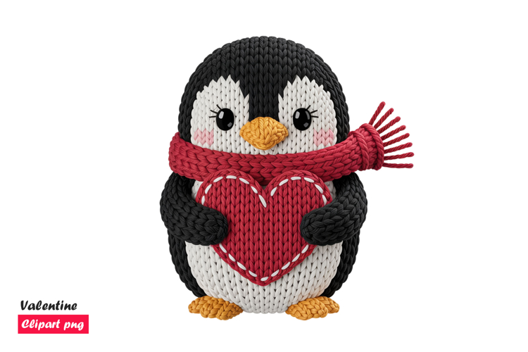 Adorable Knitted Penguin with Heart Valentine Illustration