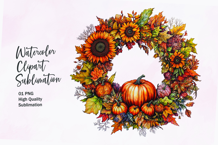 Fall themed wreath watercolor clipart sublimation