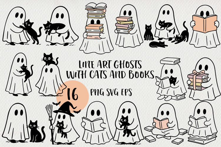 Cute Line Art Doodle Ghost BUNDLE | Halloween PNG SVG EPS