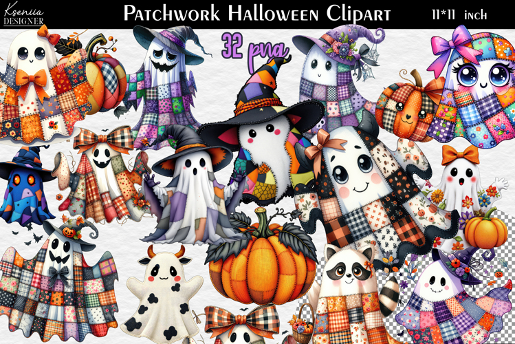 Halloween Patchwork Ghost Clipart Bundle| Quilted Spirits