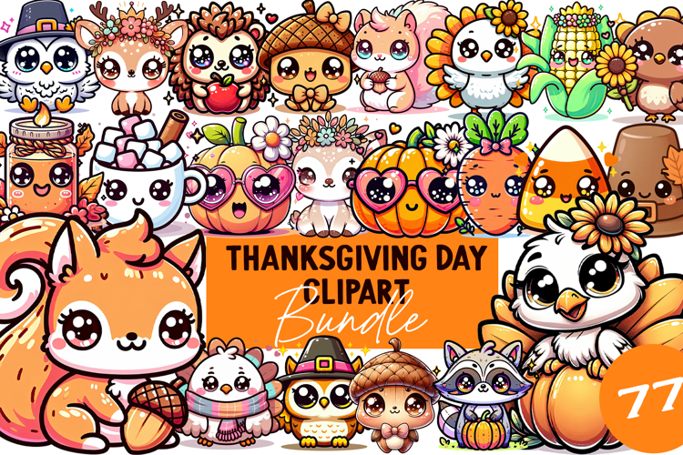 Cute Kawaii Thanksgiving Clipart | Fall BUNDLE PNG