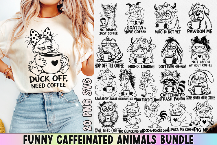 Funny Caffeinated Animals Clipart Bundle SVG PNG example image 1