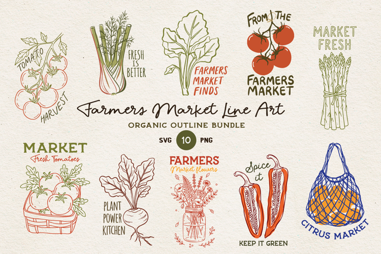Farmers Market SVG Bundle Vegetables Fruits Kitchen Line Art