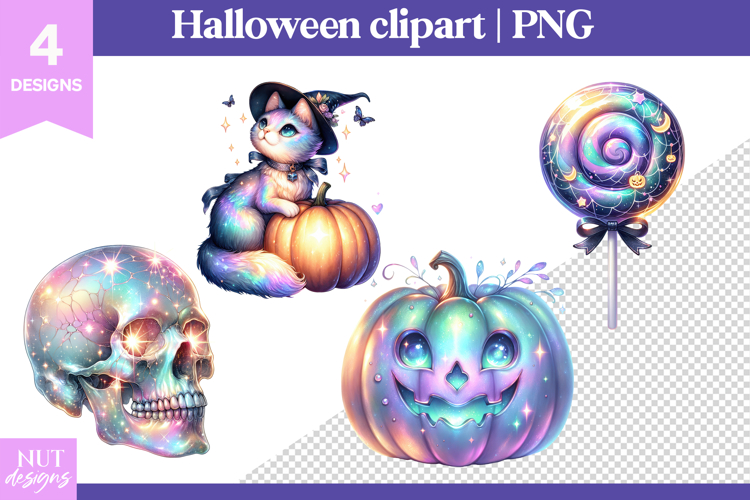 Iridescent Halloween Clipart Skull Cat Cute Pastel Halloween