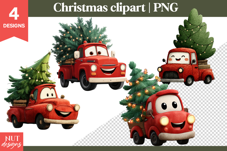 Cute Christmas clipart, red truck clipart for sublimation