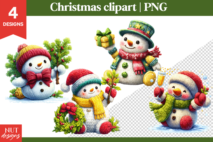 Knitted Christmas Clipart, Cute Christmas Snowman Clipart