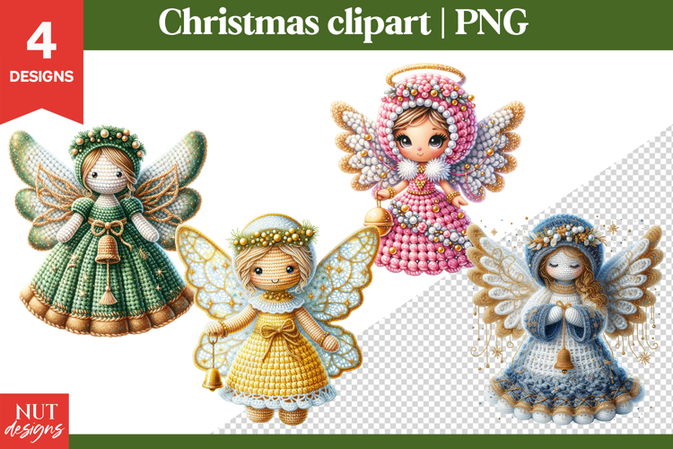 Knitted Christmas Clipart, charming crochet Christmas angel