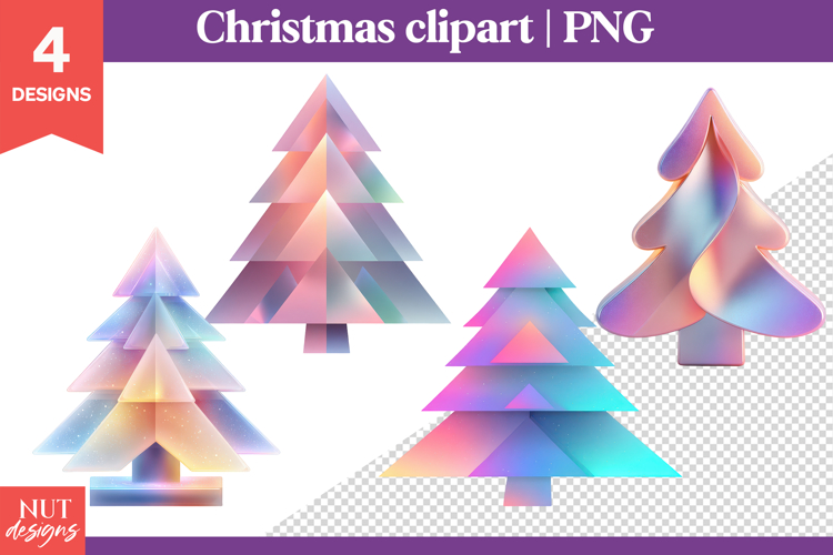 Christmas Clipart, Iridescent Geometric Christmas Trees PNG