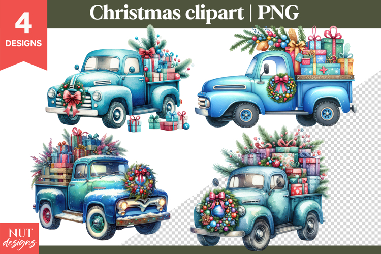 Cute Christmas clipart, Vintage Christmas Blue Truck Clipart