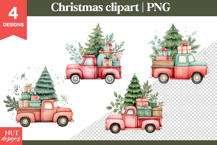 Cute Christmas clipart PNG, Christmas Red Truck Clipart