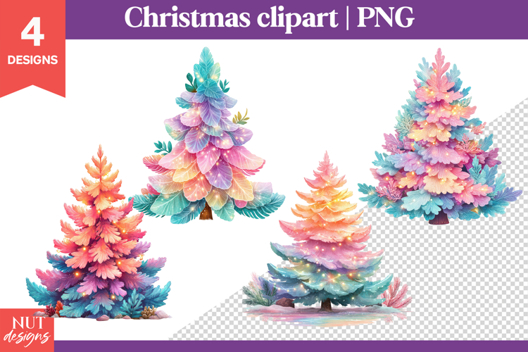 Christmas Clipart, Watercolor Rainbow Christmas Trees PNG