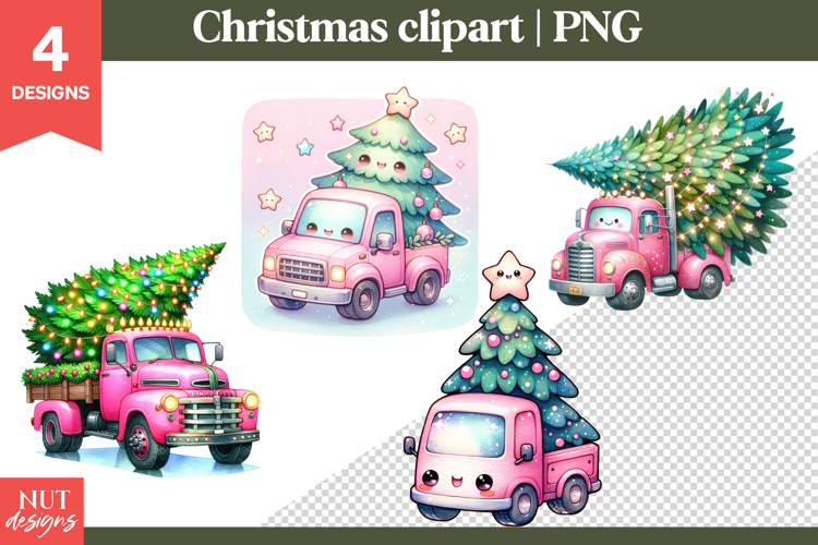 Cute Christmas clipart, Kawaii Pink Christmas Truck Clipart