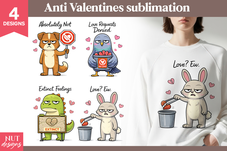 Funny Anti Valentine Sublimation grumpy animals no romance