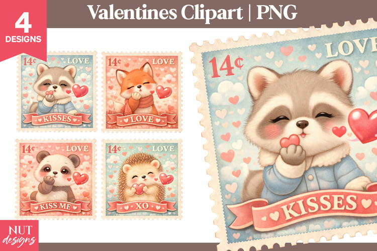 Valentines day clipart Kissing baby animals Raccoon Fox Bear