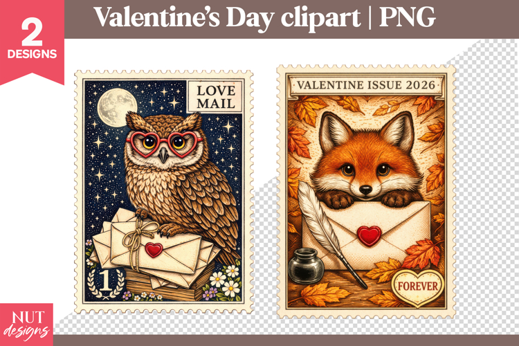 Valentines day clipart Owl and Fox Love Mail Postage