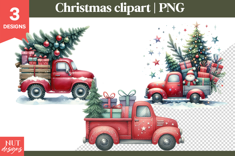 Vintage Christmas clipart PNG, Christmas Red Truck Clipart