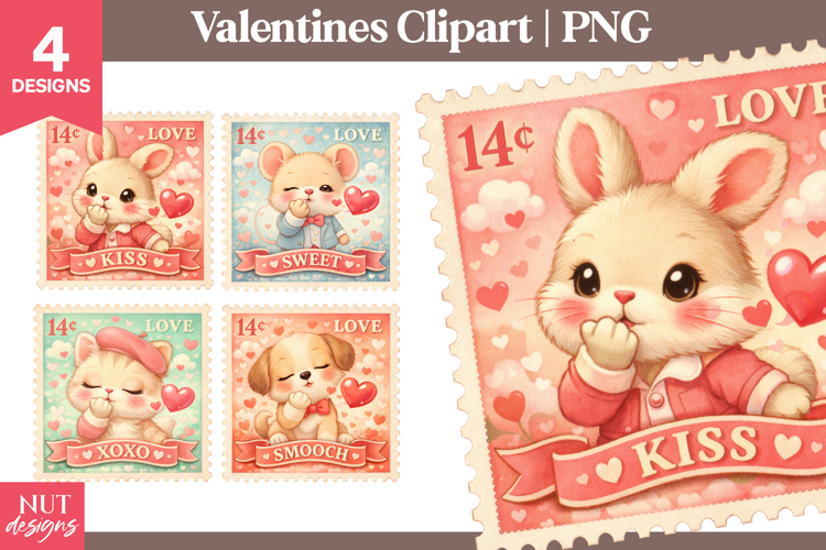 Valentines day clipart Kissing baby animals Bunny Kitten