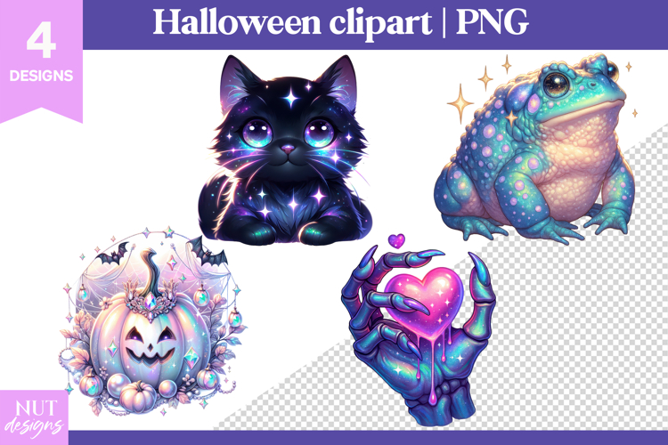 Pastel Halloween Clipart Iridescent Halloween Black Cat Frog