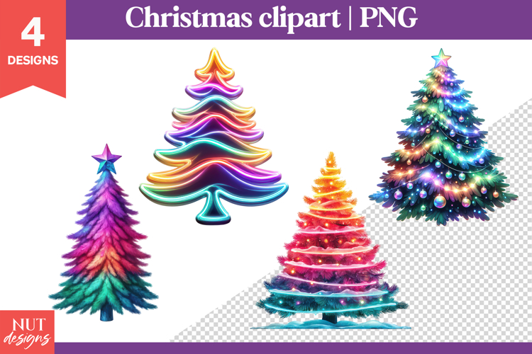 Glow Christmas Clipart, Rainbow Glow Christmas Trees PNG
