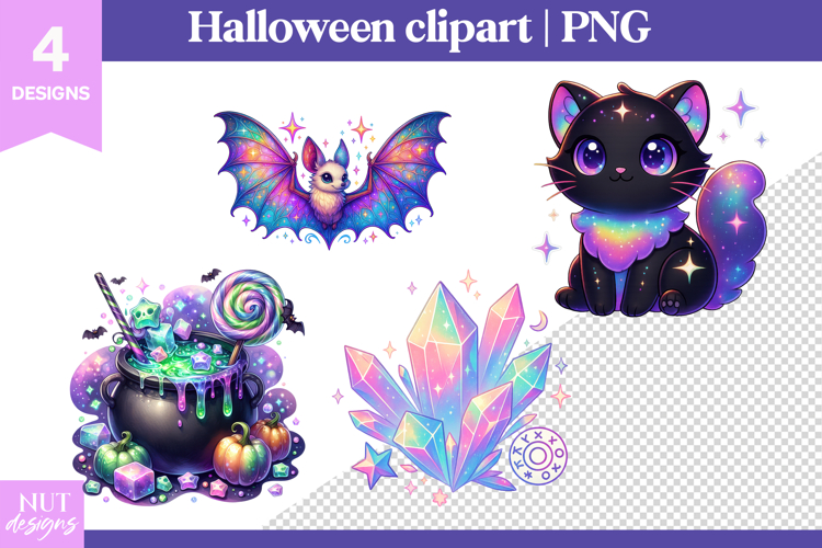 Glitter Halloween Clipart Iridescent Halloween Cat Cauldron
