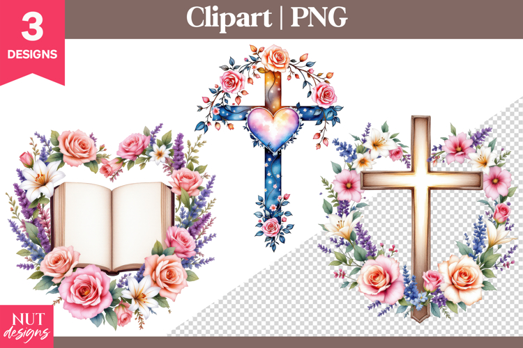 Christian clipart Heart Cross Floral Sublimation PNG