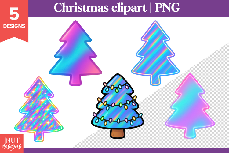 Holographic Christmas Clipart, Iridescent Christmas tree
