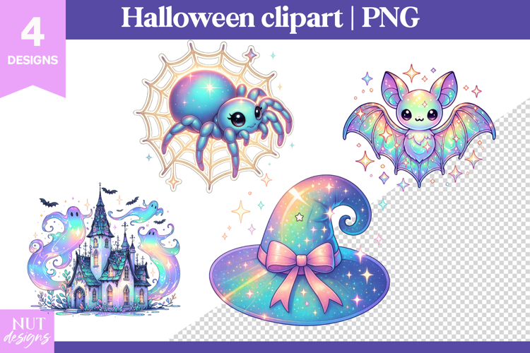 Vibrant Halloween Clipart Iridescent Castle Spider Bat Hat