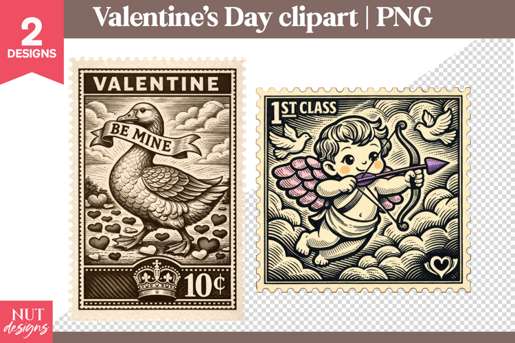 Valentines day clipart Cupid and Goose Valentine Stamps