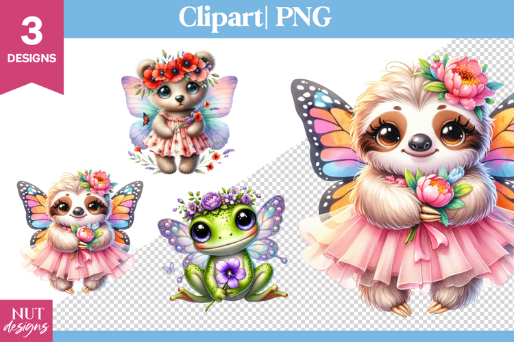 Spring Baby animals clipart, Bear, Sloth, Frog with flowers