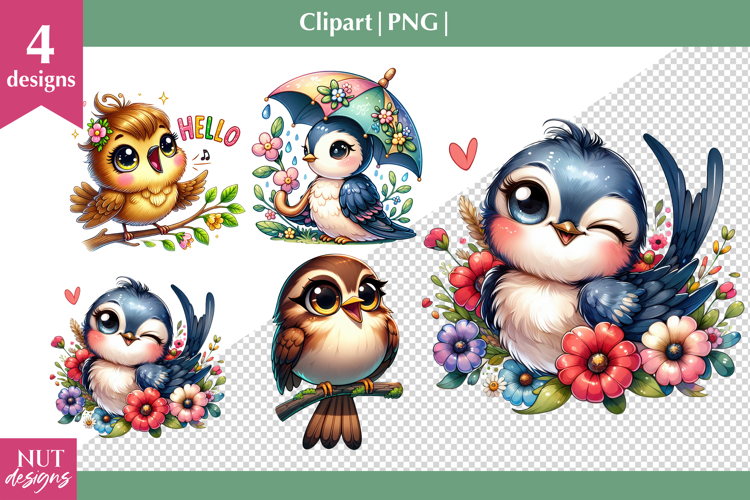 Swallow & Nightingale Spring bird clipart, Spring clipart example image 1