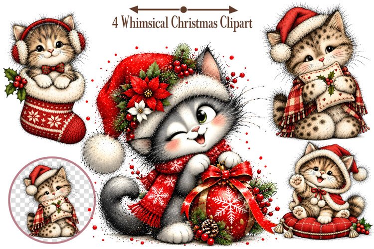 Whimsical Christmas Cat Clipart, Christmas Cat PNG example image 1
