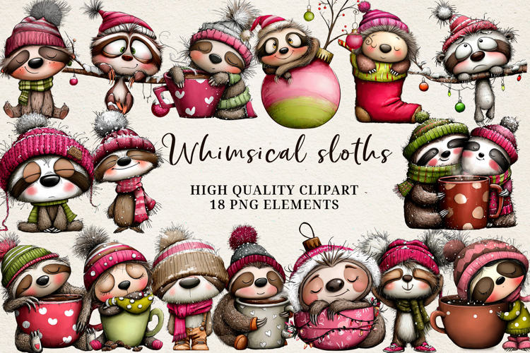 Whimsical Winter Sloths | Cute Cozy Sloth Clipart PNG