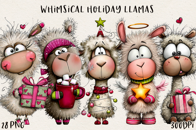 Whimsical Christmas Llama BUNDLE| Cute Holiday Llama PNG