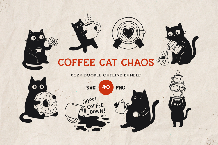 Black Cat Coffee Clipart Bundle SVG PNG Cozy Cat Cafe.