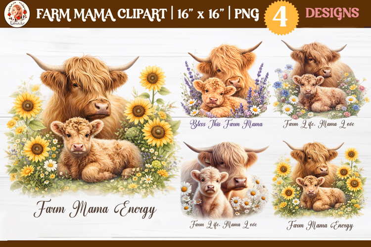 Farm Mama Highland Cow Sublimation and Clipart