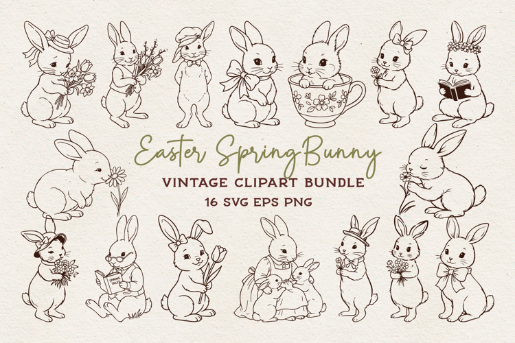 Easter Spring Rabbits | Vintage Bunny Line Art SVG PNG EPS