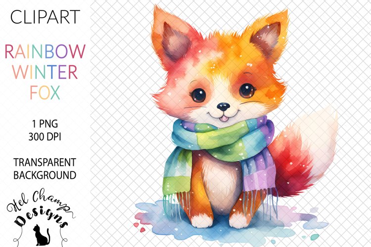 clipart fox winter rainbow scarf watercolor sublimation scarpbooking