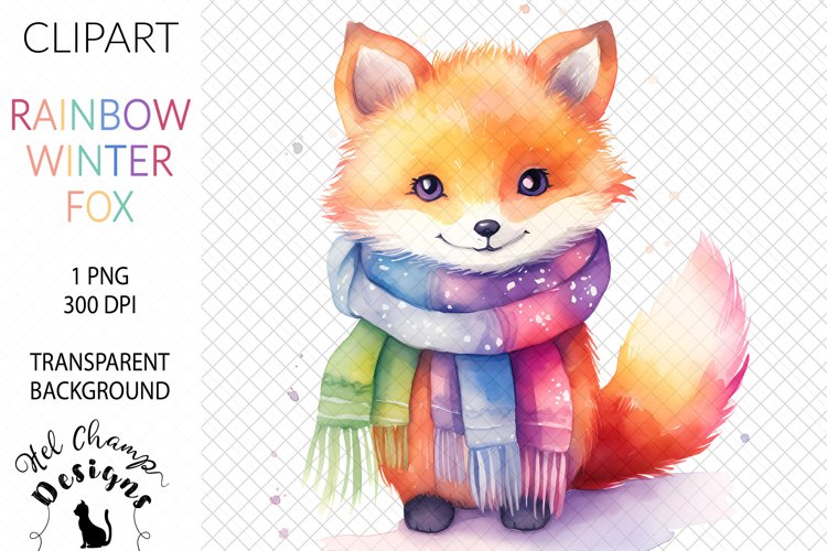 clipart fox winter rainbow scarf watercolor sublimation scarpbooking