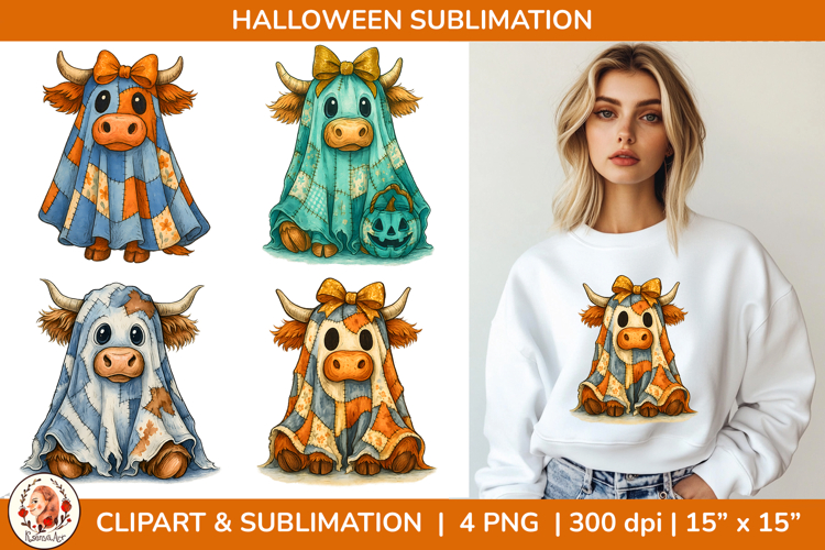 Patchwork Ghost Cow Halloween Sublimation PNG