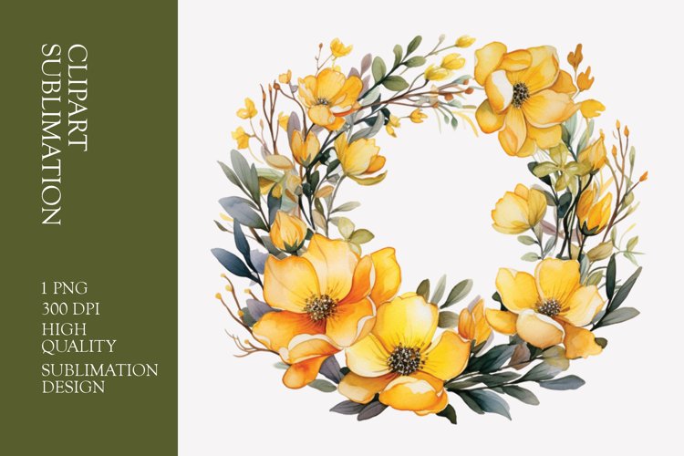 Watercolor Yellow Floral Frame Clipart Sublimation