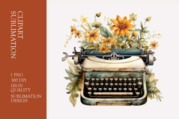 Vintage Floral Typewriter Watercolor Clipart Sublimation