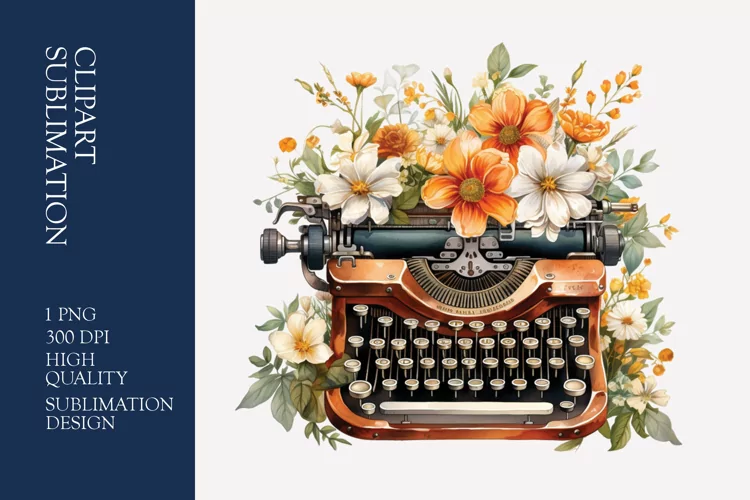 Vintage Floral Typewriter Watercolor Clipart Sublimation